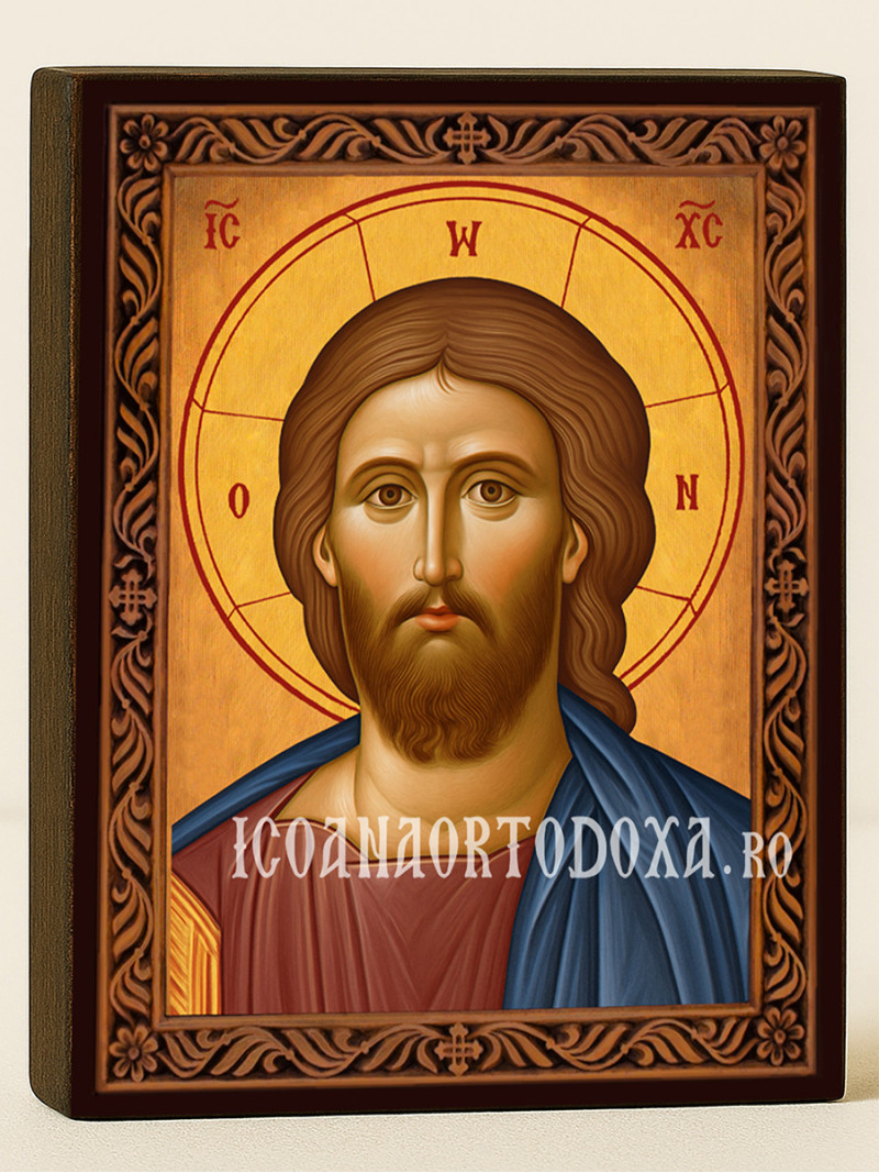 Icoană cu Iisus Hristos Mântuitorul cu ramă decorativă tip sculptură