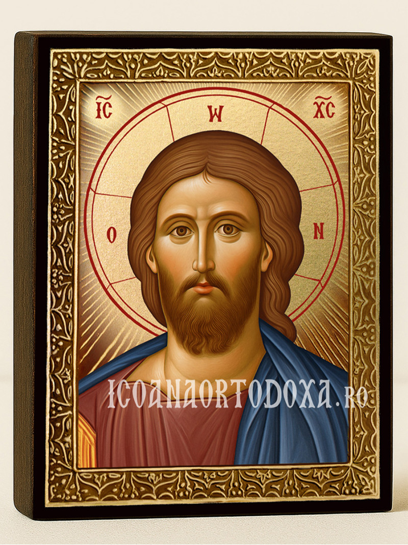 Icoană cu Iisus Hristos Mântuitorul cu raze aurii decorative