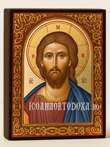 Icoană cu Iisus Hristos Mântuitorul cu arcadă florală aurie