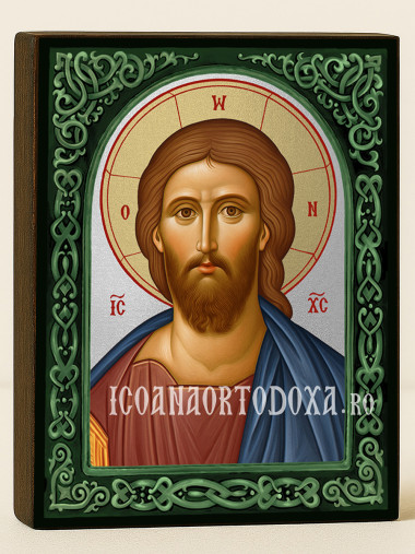 Icoană cu Iisus Hristos Mântuitorul cu arcadă florală verde
