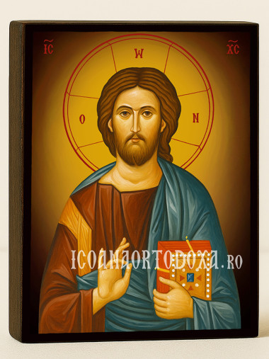 Icoană ortodoxă cu Iisus Hristos Pantocrator cu fundal galben luminos
