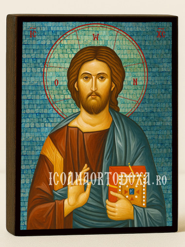 Icoană din argint cu Iisus Hristos Pantocrator cu mozaic albastru pe fond argintiu