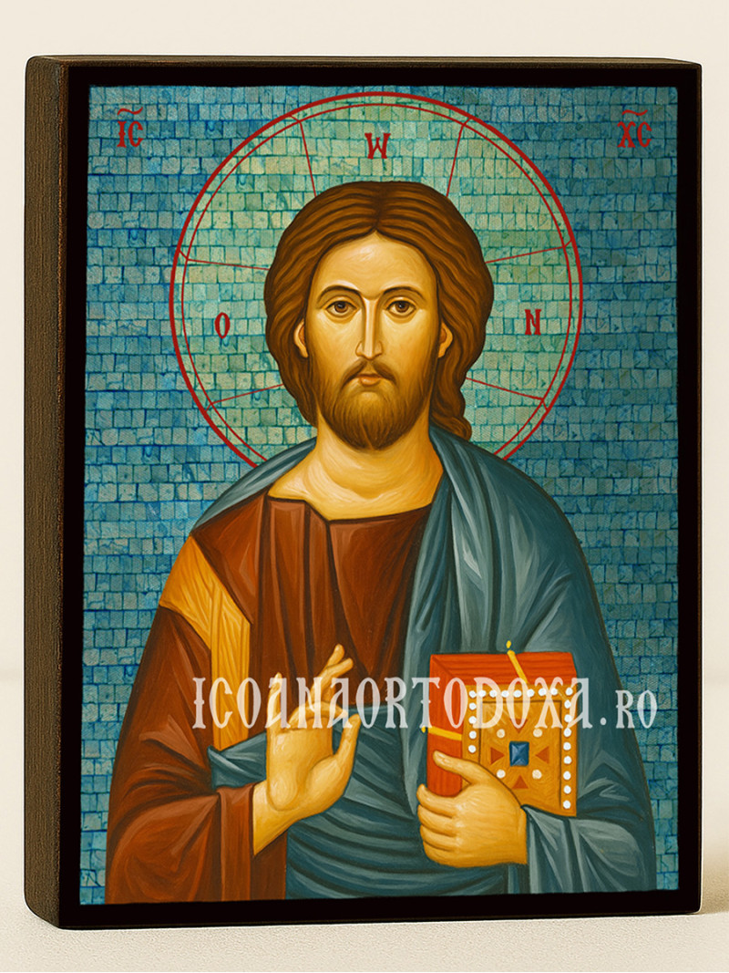 Icoană din argint cu Iisus Hristos Pantocrator cu mozaic albastru pe fond argintiu