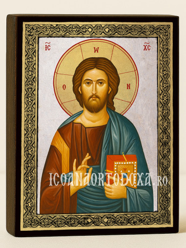 Icoană din argint cu Iisus Hristos Pantocrator cu fundal argintiu și ramă aurită