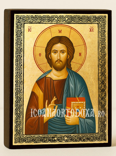 Icoană aurită cu Iisus Hristos Pantocrator cu fundal și ramă aurie decorativă