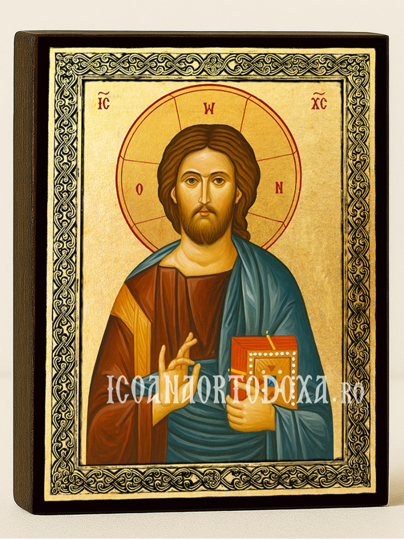 Icoană aurită cu Iisus Hristos Pantocrator cu fundal și ramă aurie decorativă