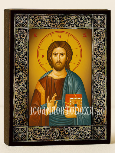 Icoană cu Iisus Hristos Pantocrator cu ramă decorativă cu motive florale