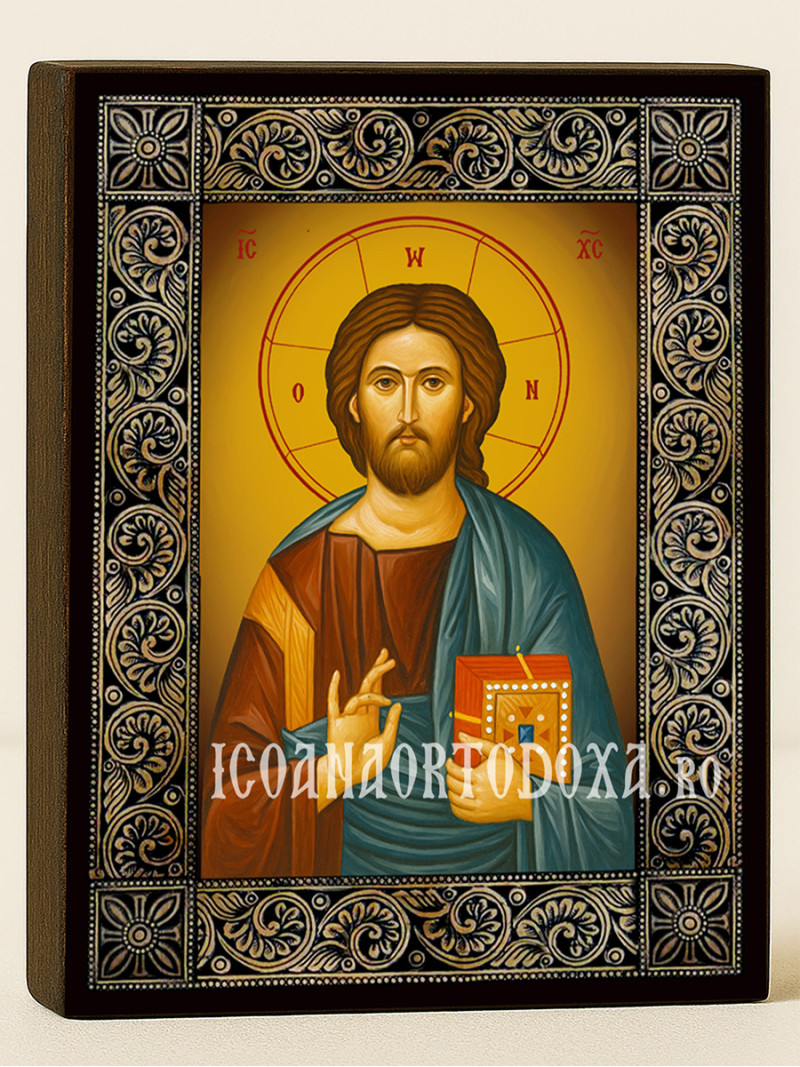 Icoană cu Iisus Hristos Pantocrator cu ramă decorativă cu motive florale