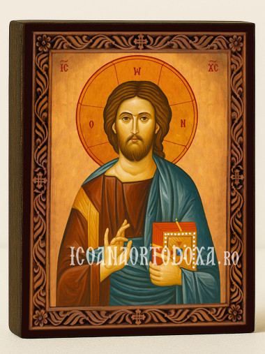 Icoană ortodoxă cu Iisus Hristos Pantocrator cu ramă decorativă stil sculptat