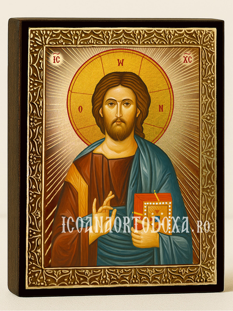 Icoană aurită cu Iisus Hristos Pantocrator cu raze decorative și ramă