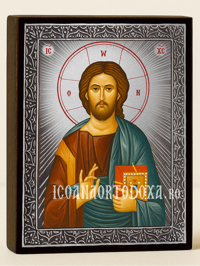 Icoană din argint cu Iisus Hristos Pantocrator cu raze argintii și ramă