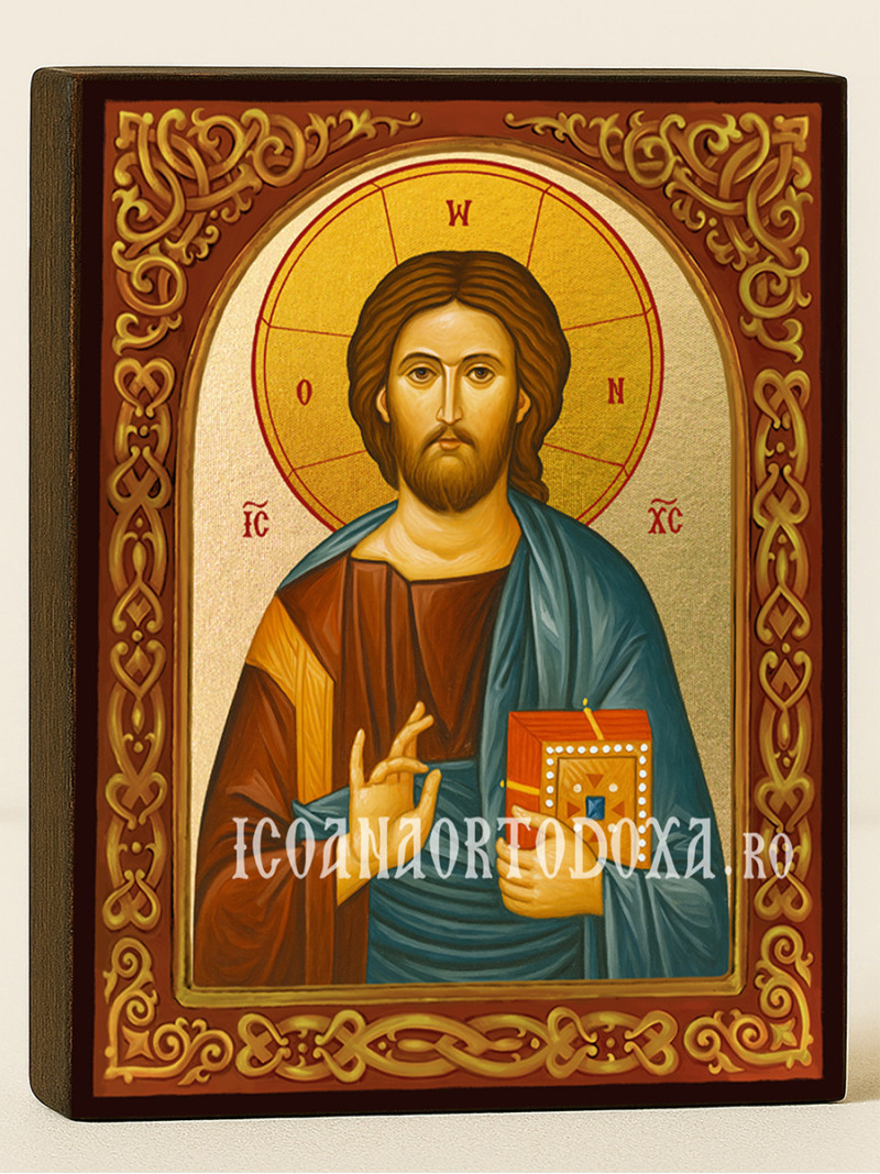 Icoană aurită cu Iisus Hristos Pantocrator cu arc floral decorativ