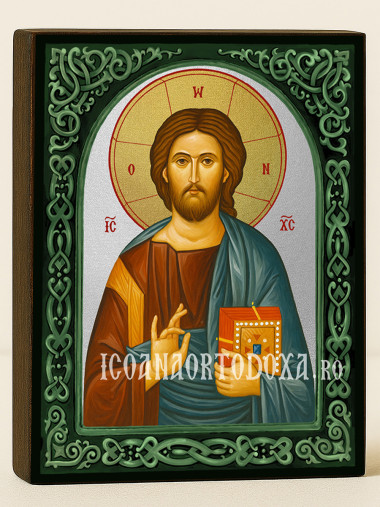 Icoană din argint cu Iisus Hristos Pantocrator cu arc floral verde