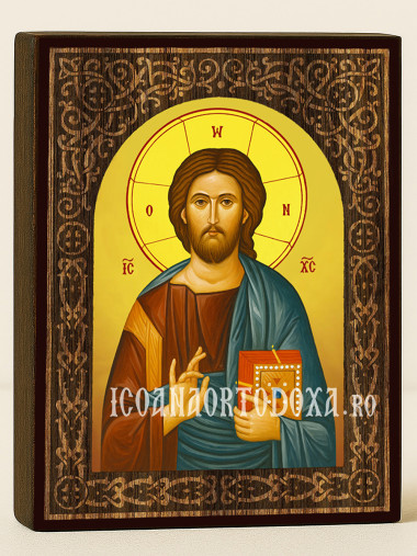 Icoană cu Iisus Hristos Pantocrator cu arc floral cu textură de lemn