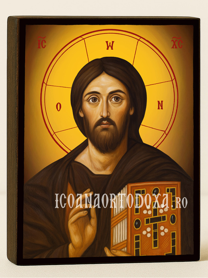 Icoană cu Iisus Hristos Sinai pe fundal galben cald