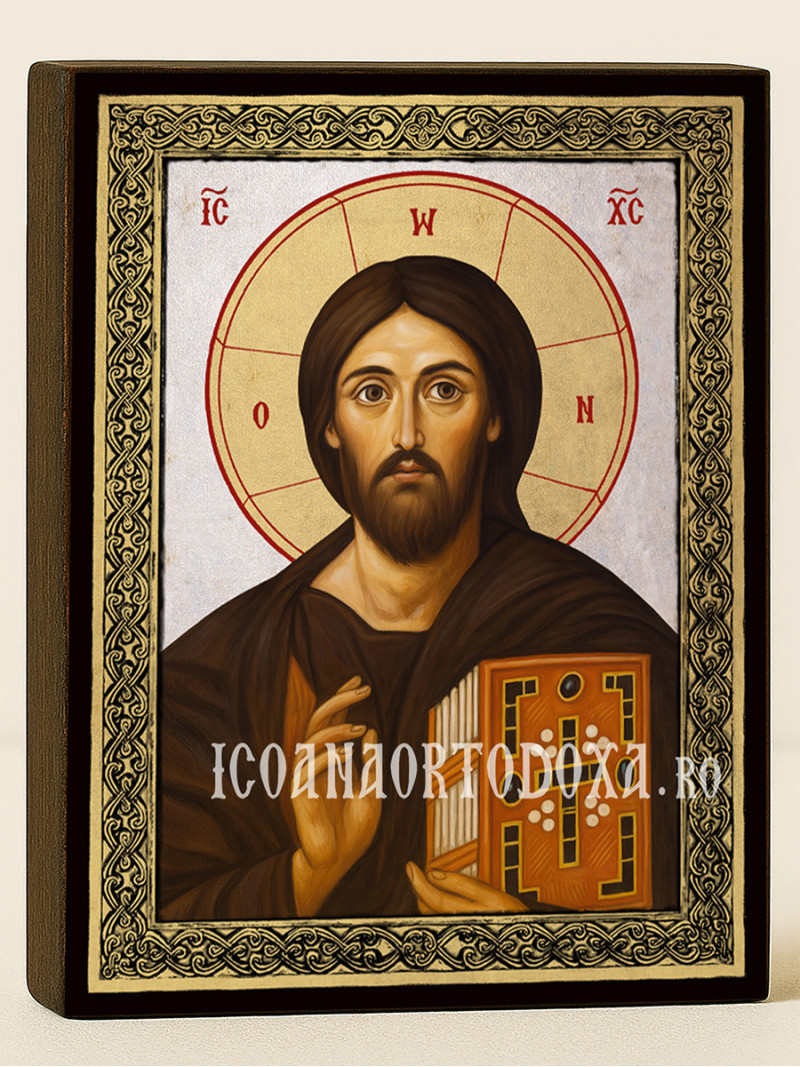 Icoană cu Iisus Hristos Sinai pe fundal argintiu cu ramă aurie
