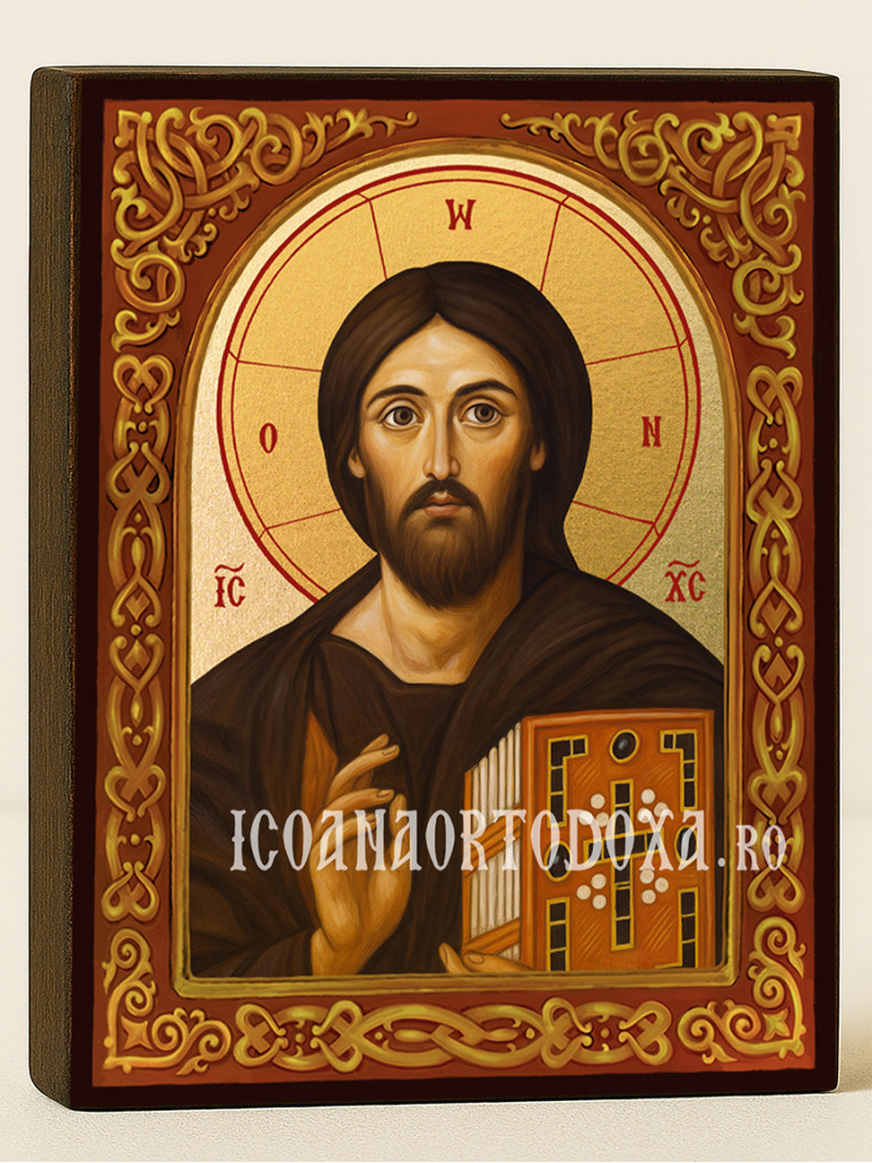 Icoană cu Iisus Hristos Sinai cu arcadă florală aurie