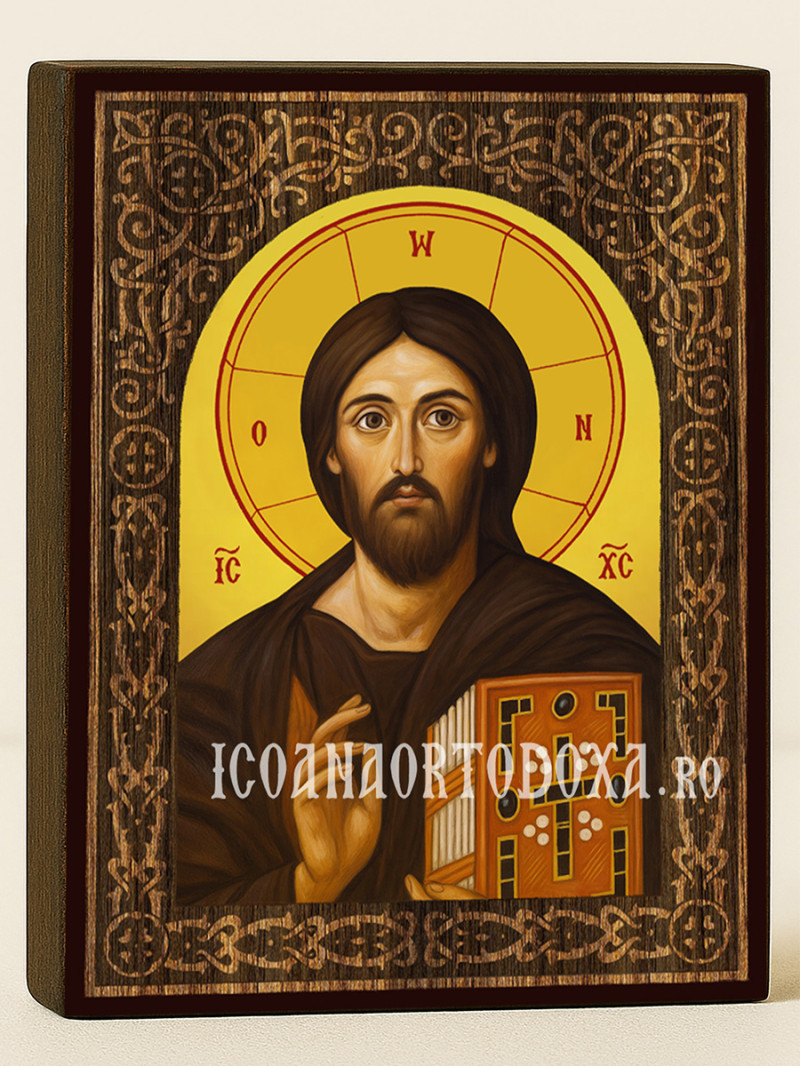 Icoană cu Iisus Hristos Sinai cu arcadă florală din lemn