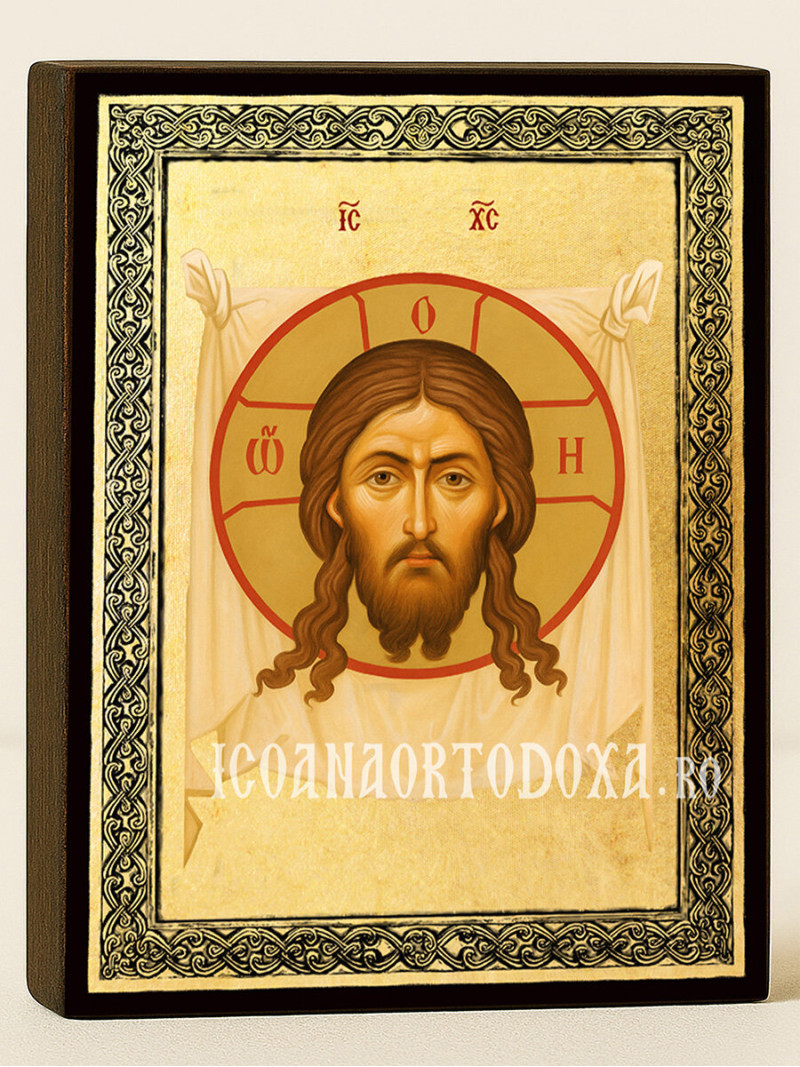 Icoană aurită cu Mântuitorul Nefăcut de Mână și ramă decorativă
