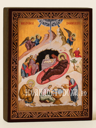 Icoană ortodoxă cu Nașterea lui Hristos cu ramă decorativă stil sculptat
