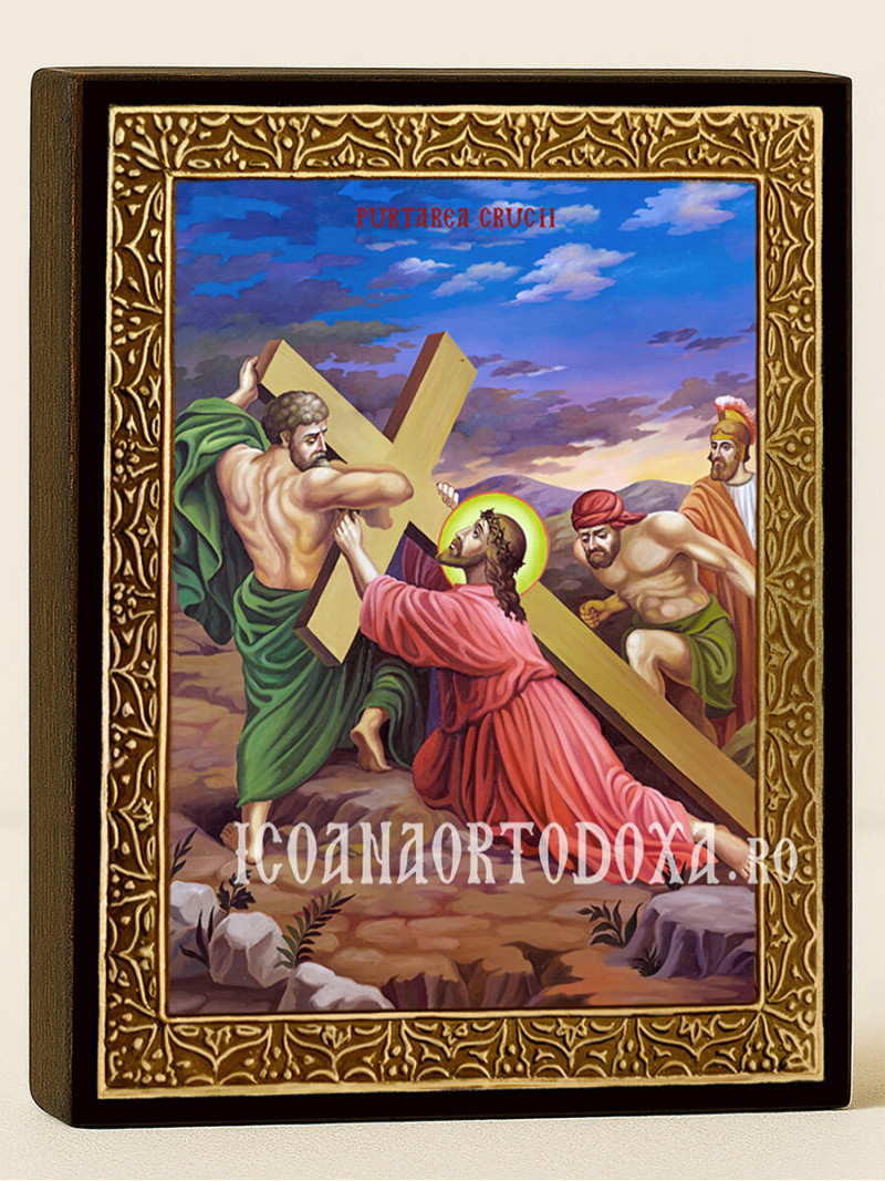 Icoană Purtarea Crucii – cu ramă aurie