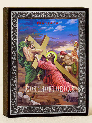 Icoană Purtarea Crucii – cu ramă argintie