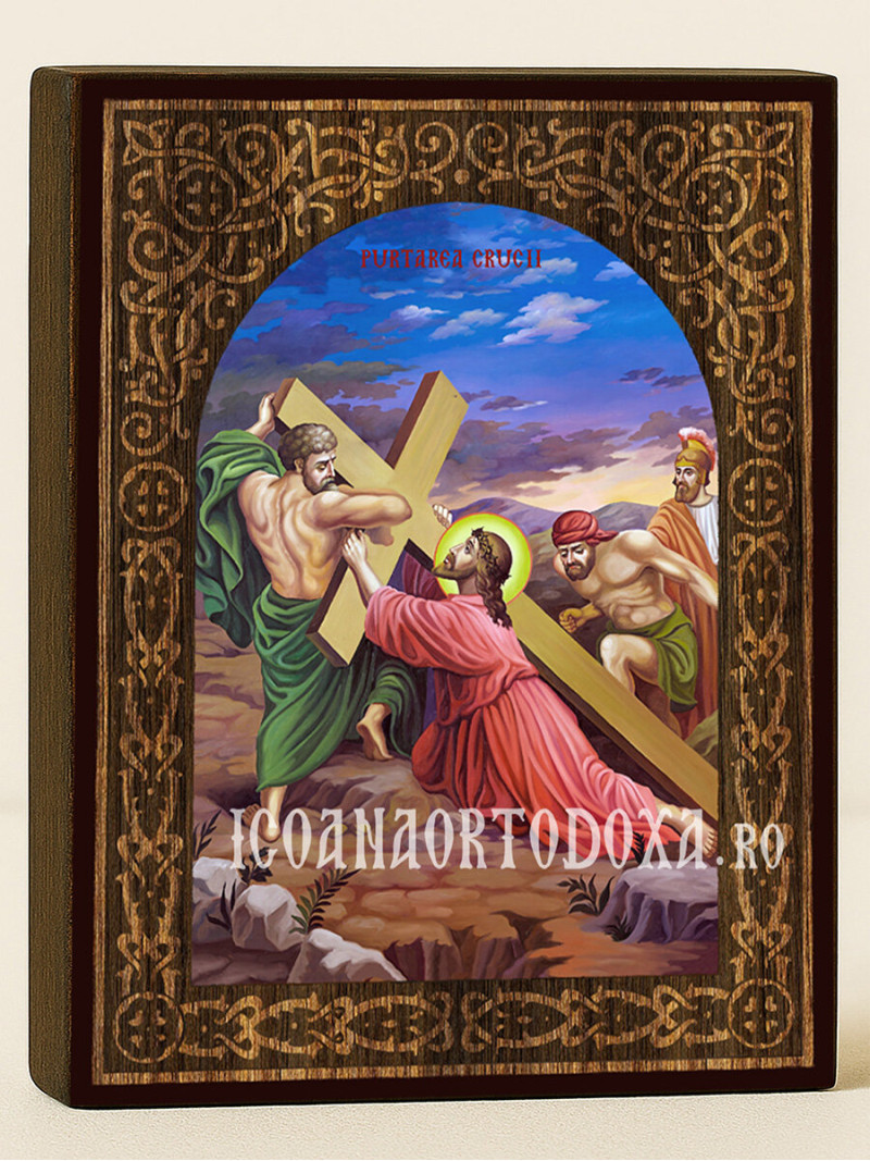 Icoană Purtarea Crucii – cu arc floral din lemn