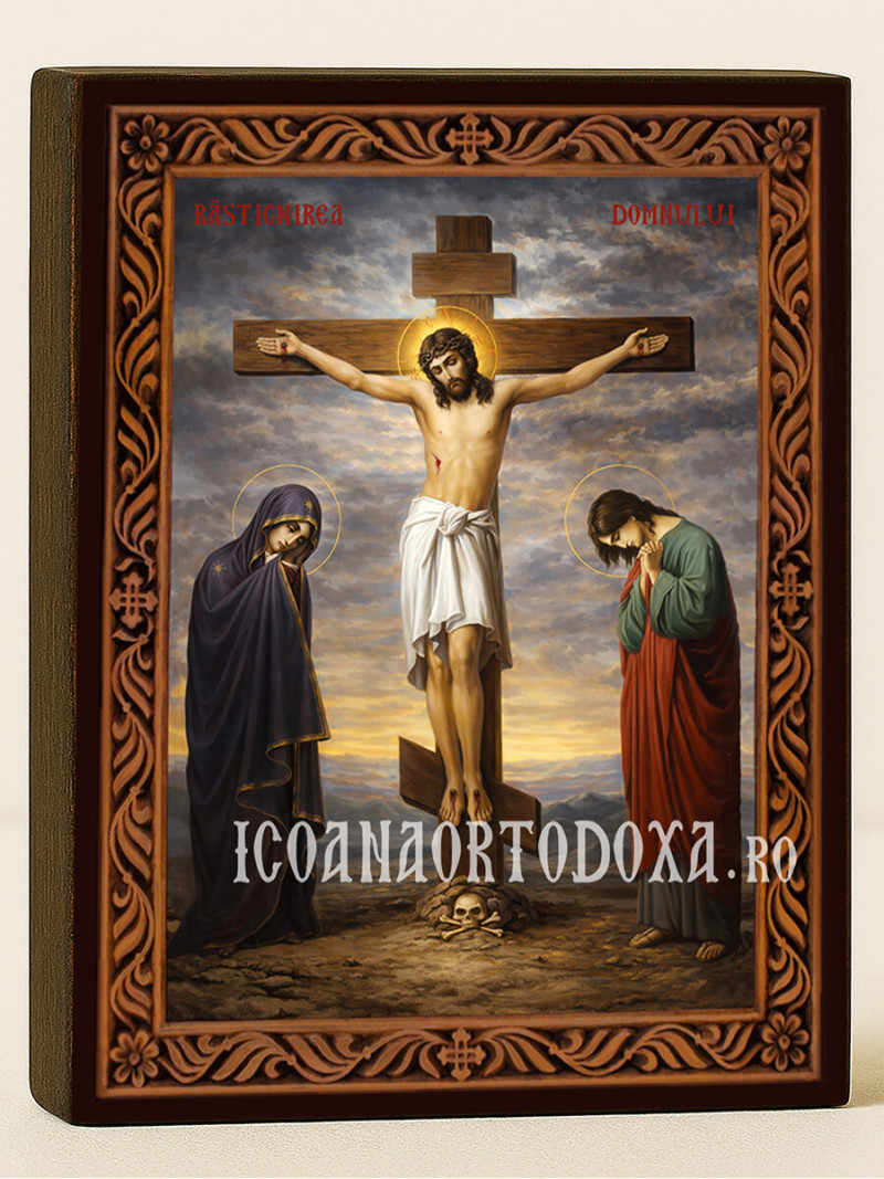Icoană a Răstignirii lui Hristos cu ramă decorativă
