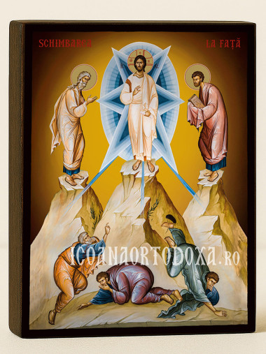 Icoană ortodoxă cu Schimbarea la Față a Domnului cu fundal galben luminos