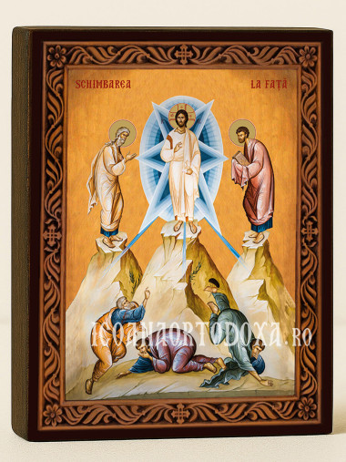 Icoană ortodoxă cu Schimbarea la Față a Domnului cu ramă decorativă stil sculptat