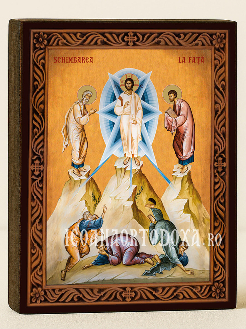 Icoană ortodoxă cu Schimbarea la Față a Domnului cu ramă decorativă stil sculptat