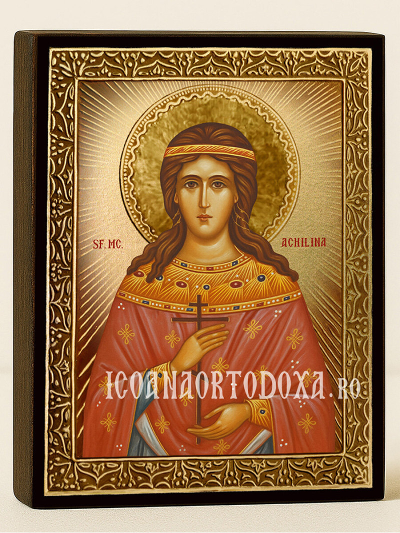 Icoană cu Sfânta Achilina cu raze aurii decorative