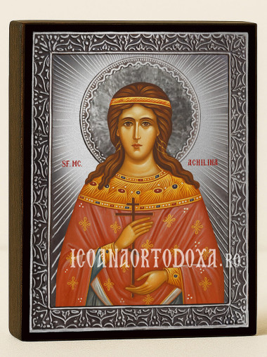 Icoană cu Sfânta Achilina cu raze argintii decorative