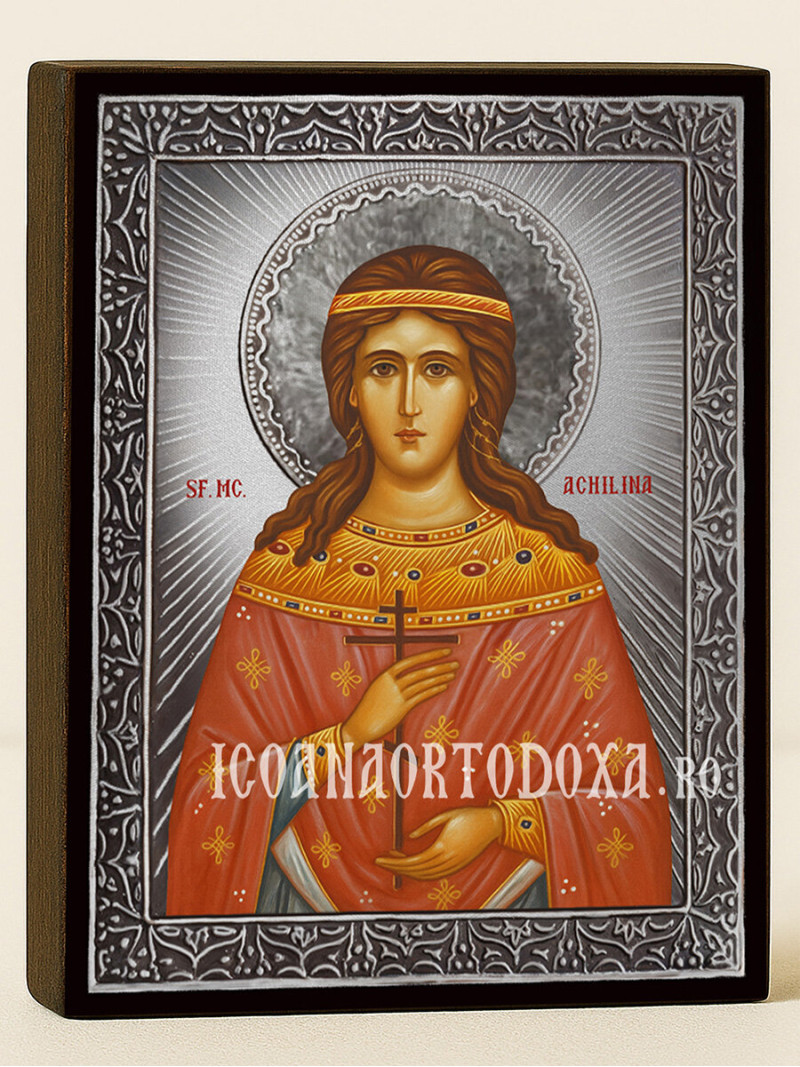 Icoană cu Sfânta Achilina cu raze argintii decorative