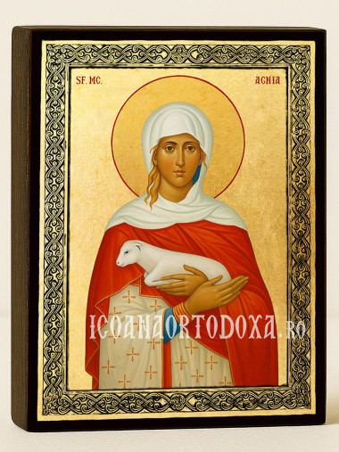 Icoană aurită cu Sfânta Agnesa și ramă decorativă
