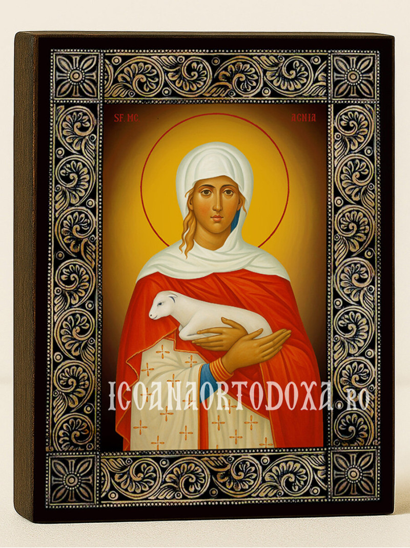Icoană cu Sfânta Agnesa cu ramă florală decorativă