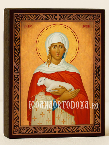 Icoană cu Sfânta Agnesa cu ramă decorativă sculpturală