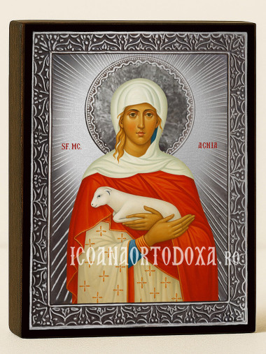 Icoană cu Sfânta Agnesa cu raze argintii decorative