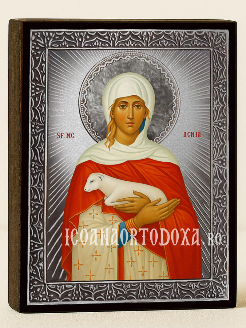 Icoană cu Sfânta Agnesa cu raze argintii decorative