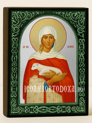 Icoană cu Sfânta Agnesa cu arcadă florală verde