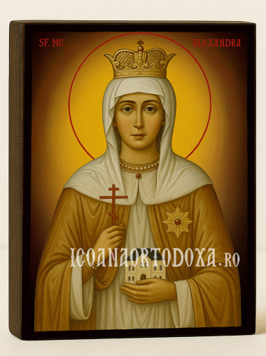 Icoană cu Sfânta Alexandra pe fundal galben cald