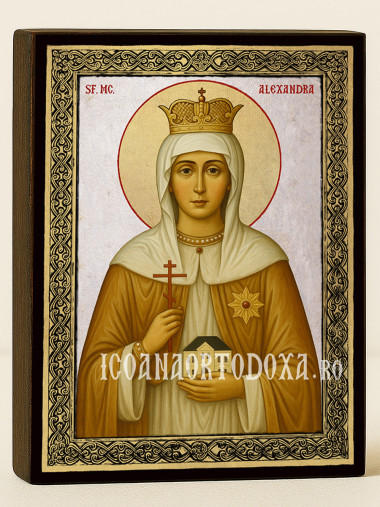 Icoană cu Sfânta Alexandra pe fundal argintiu cu ramă aurie