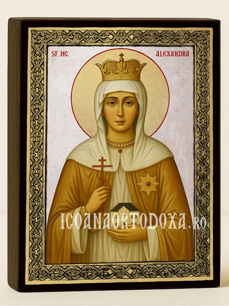 Icoană cu Sfânta Alexandra pe fundal argintiu cu ramă aurie