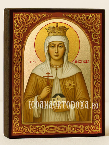 Icoană cu Sfânta Alexandra cu arcadă florală aurie