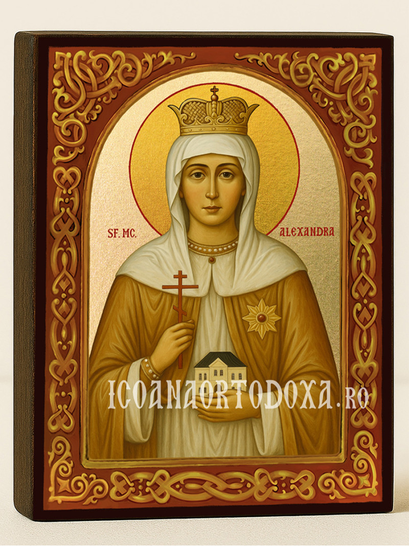 Icoană cu Sfânta Alexandra cu arcadă florală aurie