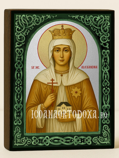 Icoană cu Sfânta Alexandra cu arcadă florală verde