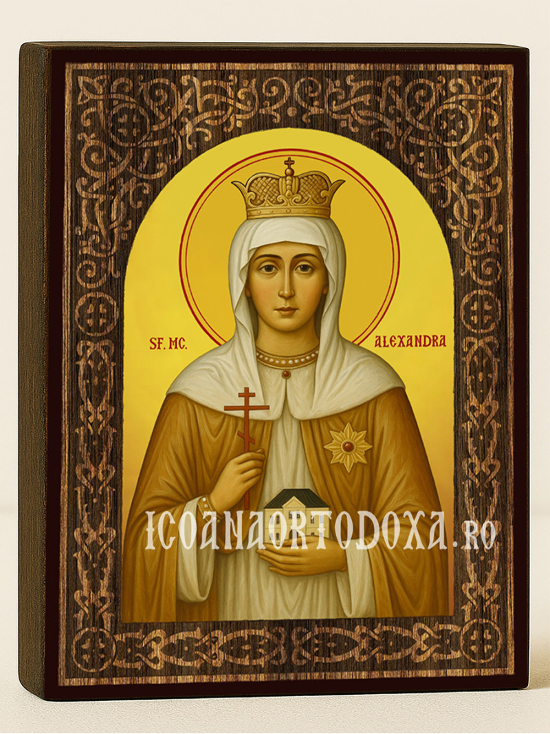 Icoană cu Sfânta Alexandra cu arcadă florală din lemn