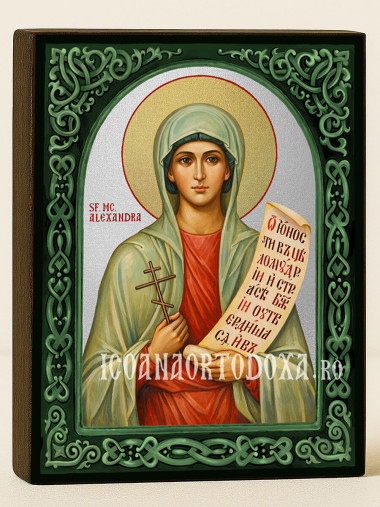 Icoană cu Sfânta Alexandra cu arcadă florală verde