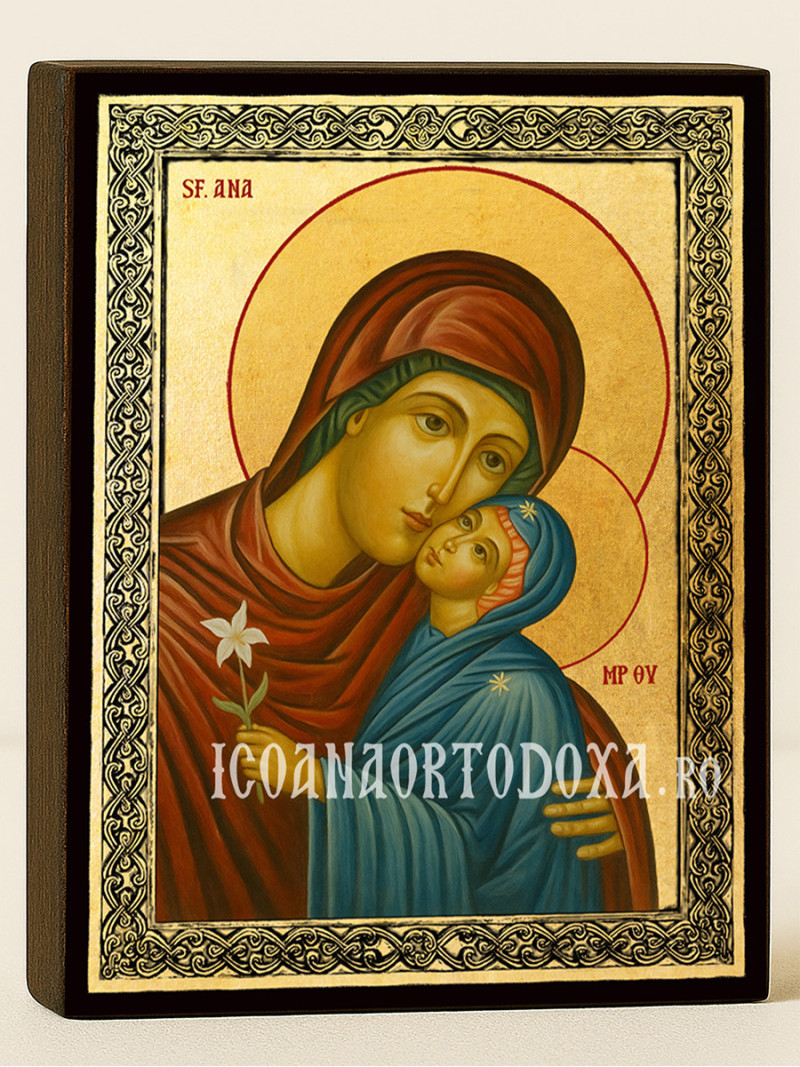 Icoană aurită cu Sfânta Ana și ramă decorativă