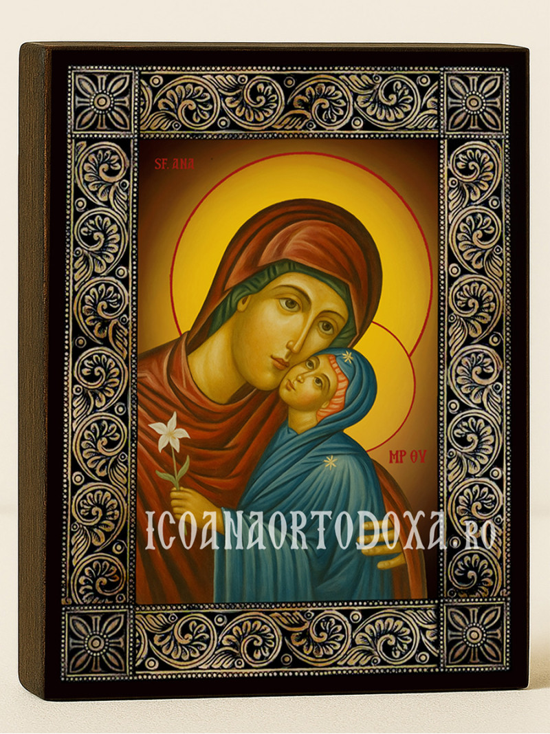 Icoană cu Sfânta Ana cu ramă florală decorativă